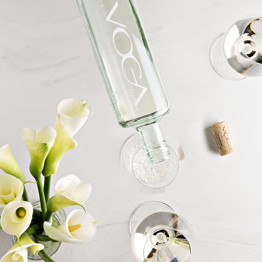 VOGA Pinot Grigio with calla lilies and glasses